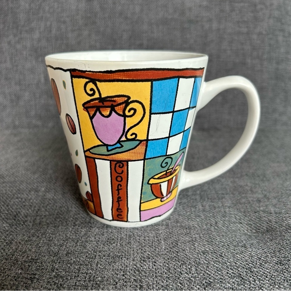 Abstract, Colorful, Kitschy, Artsy Style Coffee Mug, Brown, Blue, 11 oz